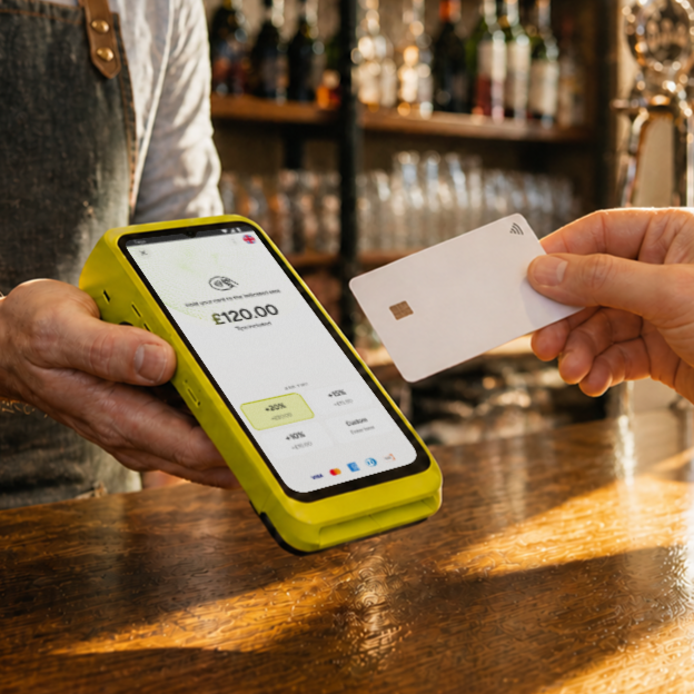 Teya Kartenterminal in der Hand an der Bar