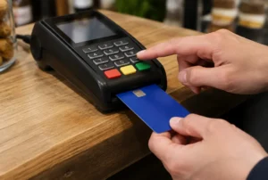 Debitkarte wird in ein Kartenterminal gesteckt