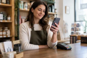Händlerin prüft die Auszahlung auf dem Smartphone