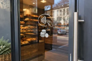 Ladentür einer Bäckerei mit Symbolen für Karte und Bargeld