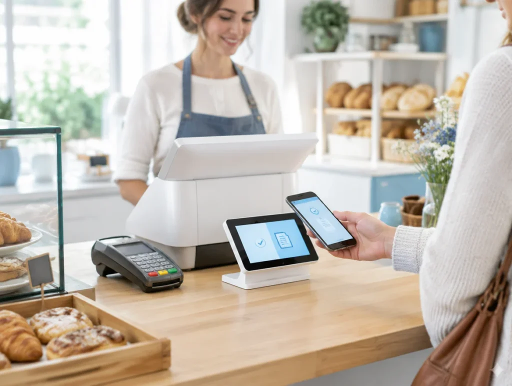 Elektronische Kasse und Kartenterminal auf einer Bäckereitheke