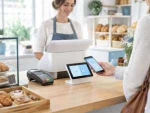 Elektronische Kasse und Kartenterminal auf einer Bäckereitheke