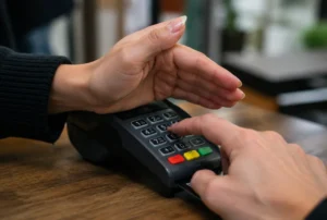 PIN-Eingabe am Kartenterminal, verdeckt mit der Hand