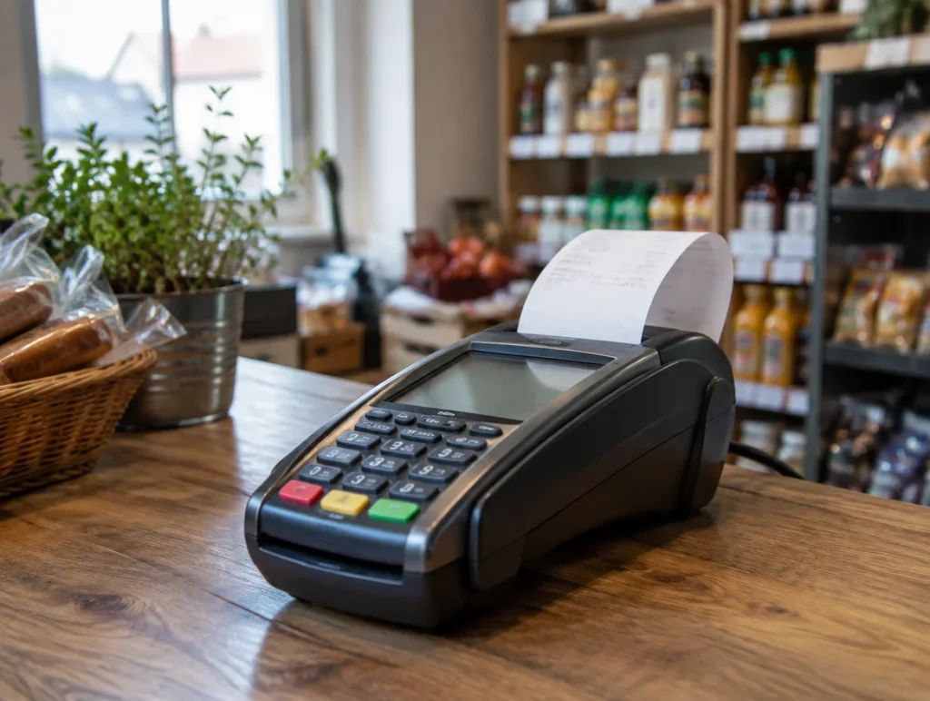 Stationäres Kartenterminal mit Belegdrucker im Laden
